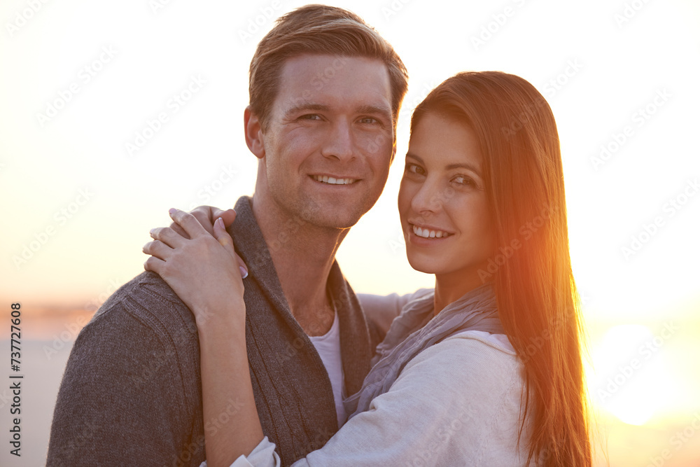 People hug, portrait and sunset on beach, travel for bonding and romance outdoor with love and trust. Happiness, support and loyalty with couple in relationship, mockup space and adventure together People hug, portrait and sunset on beach, travel for bonding and romance outdoor with love and trust. Happiness, support and loyalty with couple in relationship, mockup space and adventure together