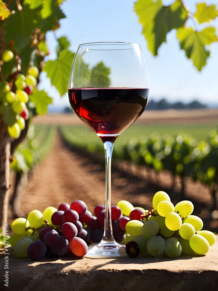 A vineyard in the background with sprigs of grapes beautiful wine glass filled with raisins