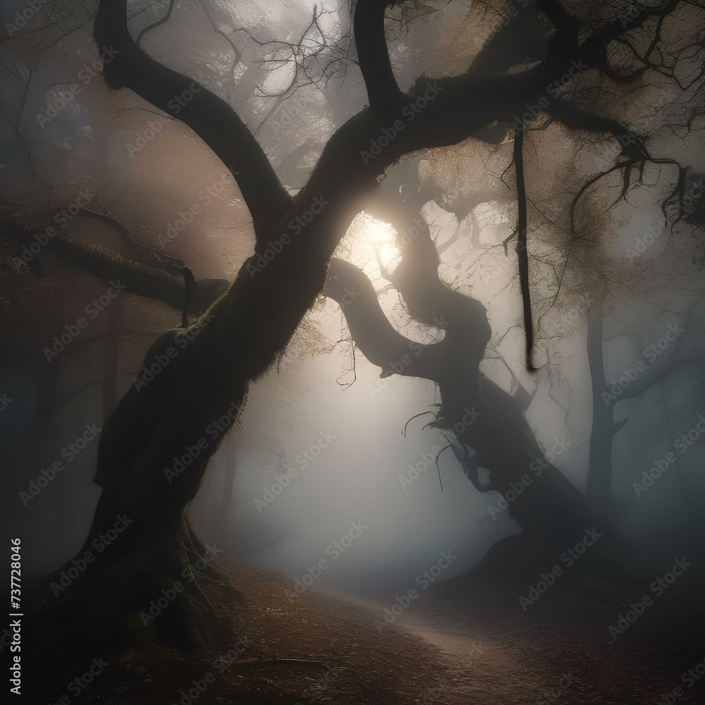 Haunted forest, Spooky forest shrouded in mist with gnarled trees and glowing eyes peering from the shadows5 - obrazy, fototapety, plakaty 