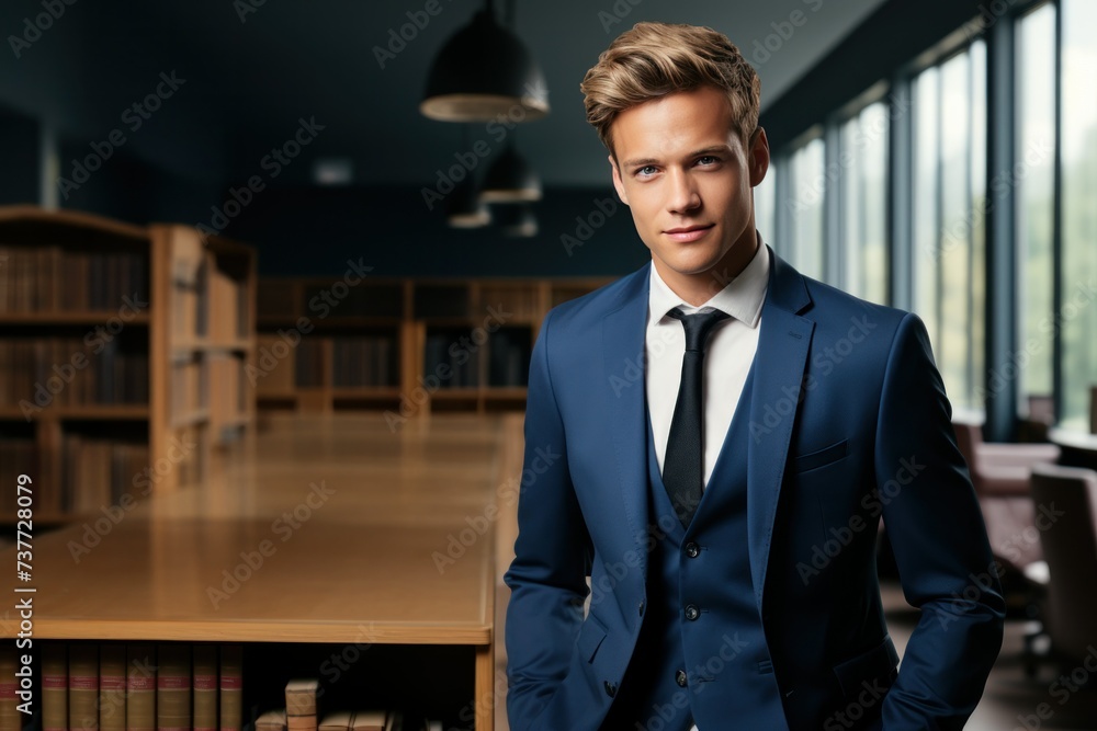 Confident Young Businessman in a Stylish Blue Suit at the Library, Open Empty Text Copy Space Used for a Professional Seminar Poster, Announcement, Invitation, or Sign
Confident Young Businessman in a Stylish Blue Suit at the Library, Open Empty Text Copy Space Used for a Professional Seminar Poster, Announcement, Invitation, or Sign
