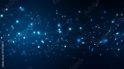 Abstract blue background network technology technology and communication connected dots and wave landscape. Telecommunication data science particles cyberspace metaverse.