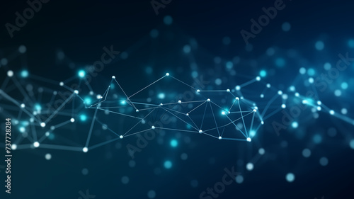 Abstract blue background network technology technology and communication connected dots and wave landscape. Telecommunication data science particles cyberspace metaverse.