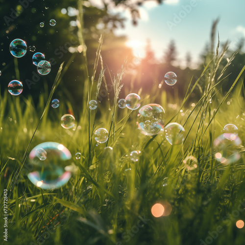 Blowing bubbles in the grass for background