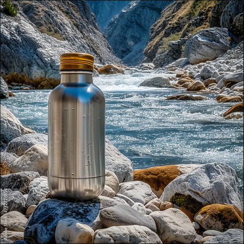 Adventure and Hydration in the Great Outdoors, Featuring a Durable Water Bottle Against a Natural Scenic Backdrop