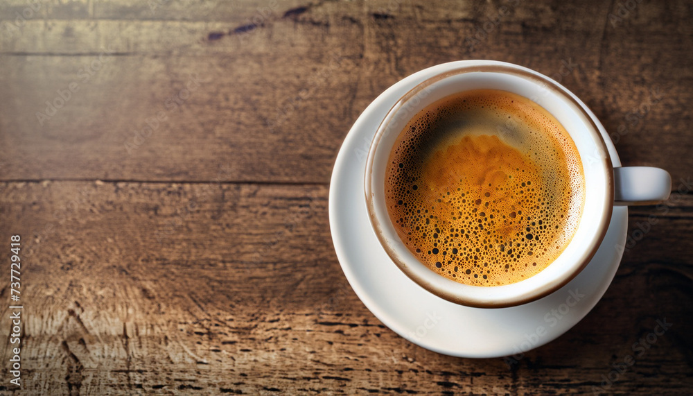 Fototapeta premium Close up overhead view of a cup of strong frothy espresso coffee on a rough textured wooden surface with dark vignetting and a highlight around the mug, with copyspace