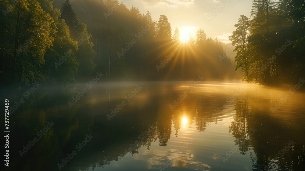 A lake surrounded by forest, the sun is rising in the early morning, the fog from the lake is slowly disappearing. Generative AI. A lake surrounded by forest, the sun is rising in the early morning, the fog from the lake is slowly disappearing. Generative AI.
