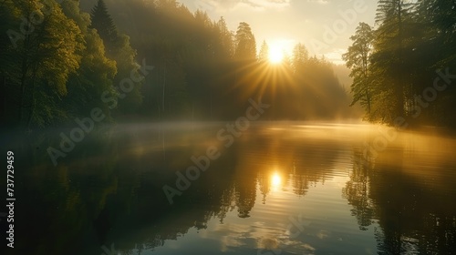 A lake surrounded by forest, the sun is rising in the early morning, the fog from the lake is slowly disappearing. Generative AI.