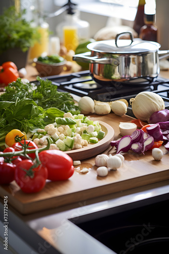 Bustling Home Kitchen: A Symphony of Fresh Food, Cookware and Culinary Passion
