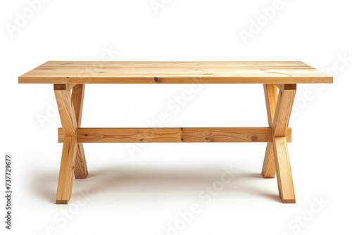 Minimalist Scandinavian-style pine wood table isolated on a white background with copy space for interior design concepts