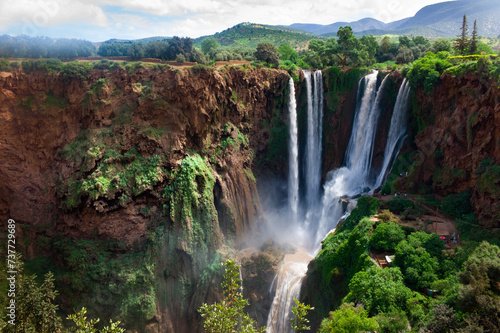 Gigantic Ouzoud Waterfalls that empty into the El-Abid River in the Grand Atlas mountains in Morocco  Africa