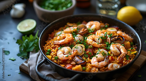 close up of Seafood paella in bowl, Food Photography