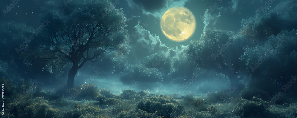 A beautiful fairytale enchanted forest at night with a big moon in the sky illuminating trees and great vegetation - obrazy, fototapety, plakaty 