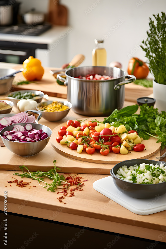 Bustling Home Kitchen: A Symphony of Fresh Food, Cookware and Culinary Passion