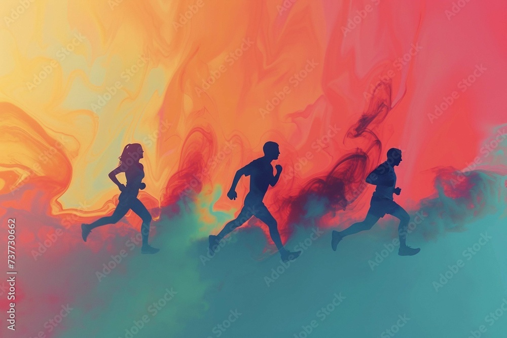 Colorful graphic running background with silhouette of four people