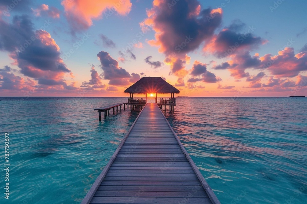 Colorful sunset over ocean on Maldives - obrazy, fototapety, plakaty 