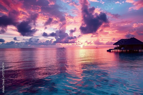 Colorful sunset over ocean on Maldives