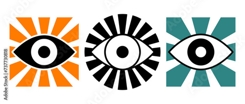 Eyes sign set. Vision outline symbol collection. Hypnosis eyeball concept pack. Watching or observing elements for poster, banner, brochure, leaflet, booklet, presentation. Vector illustration bundle 
