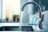 Faucet and glass of water in kitchen. 3d rendering