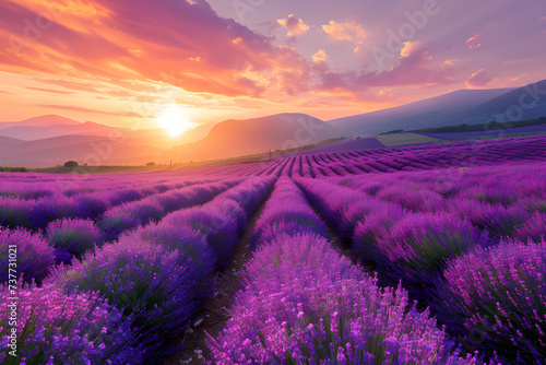 Beautiful wallpaper of a lavender field landscape, perfect for nature lovers or those seeking a peaceful and tranquil atmosphere.