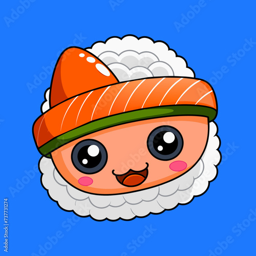 Vector de sushi tierno sonriendo. Dibujo animado alegre y chistoso. Mariscos.