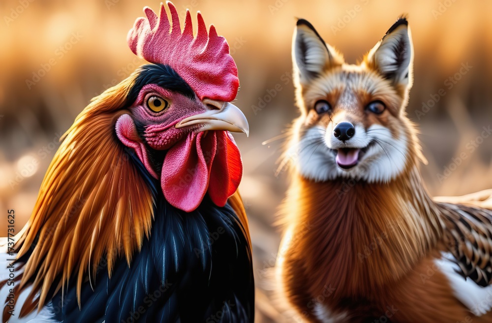 smiling friends a rooster and a fox hugging, against the backdrop of dry autumn grass, close-up, smile, friendship