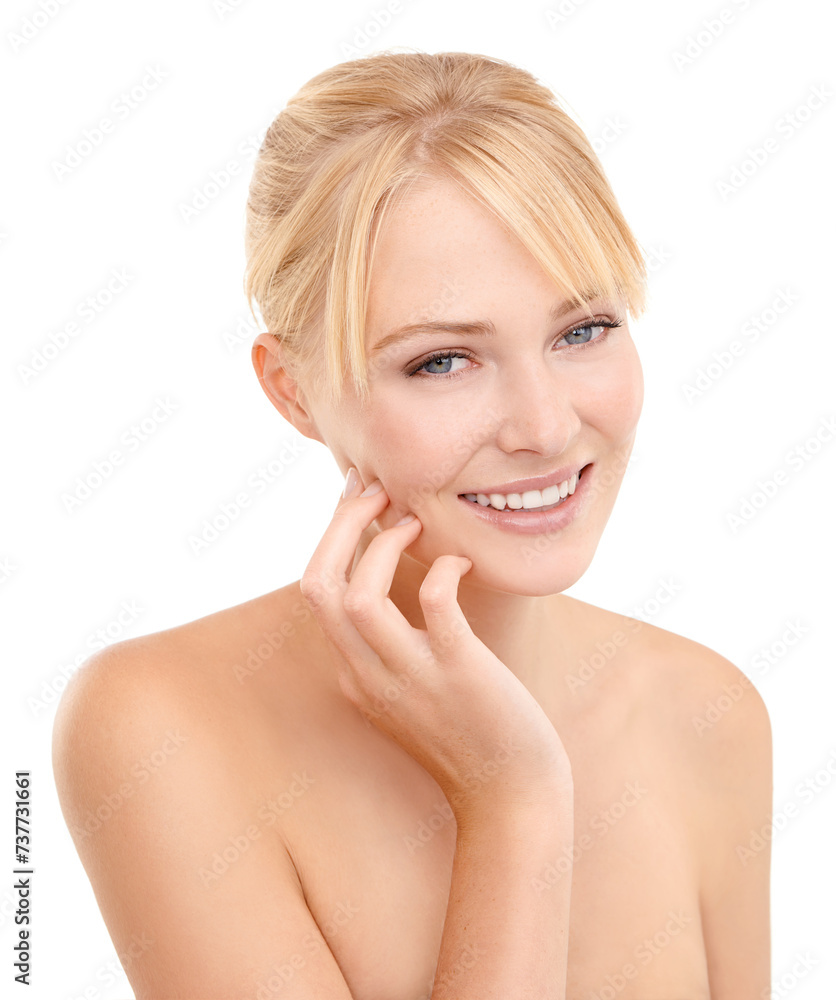Health, beauty and portrait of woman in studio with natural, wellness and skincare face routine. Cosmetic, smile and female model from Australia with facial dermatology treatment by white background. Health, beauty and portrait of woman in studio with natural, wellness and skincare face routine. Cosmetic, smile and female model from Australia with facial dermatology treatment by white background.