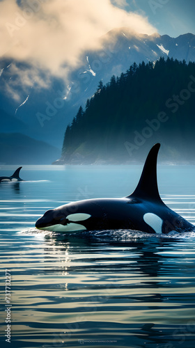 Stunning Display of Orcas in Majestic Fjord Landscape: An Exquisite Exhibition of Nature's Unspoiled Beauty and Wildlife Harmony