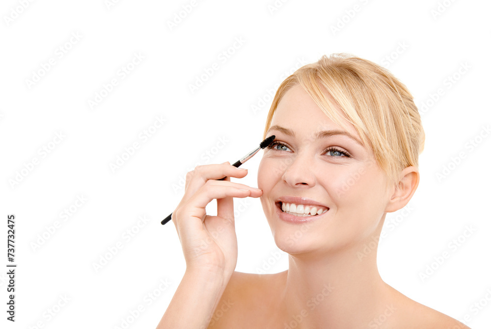 Woman, mascara and brush for face makeup in studio with happiness for cosmetics and eyelash transformation..Model, person and smile with beauty product for cosmetology and mock up on white background
