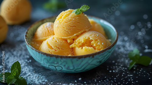 dessert photography Sweet mango sorbet or mango ice cream in a bowl photo