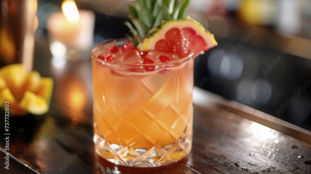 Close up of a refreshing summer cocktail, adorned with a tropical fruit garnish Close up of a refreshing summer cocktail, adorned with a tropical fruit garnish