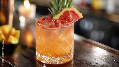 Close up of a refreshing summer cocktail, adorned with a tropical fruit garnish