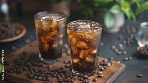 Cold brew coffee with ice, refreshing summer morning pick me up