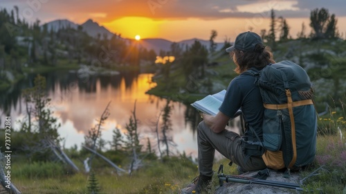 Backpacker journaling by a summer lake at sunset, serene and connected to nature