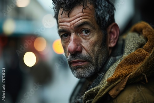 Portrait of a homeless man on the street in the evening.