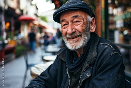 Portrait of an old man sitting in a cafe on the street