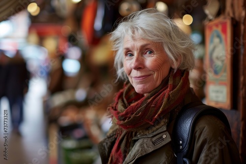 Portrait of happy senior woman at christmas market in Germany.