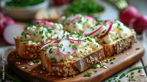 Healthy breakfast sandwich, A grain bread with soft cheese, radish and chives. Generative AI.