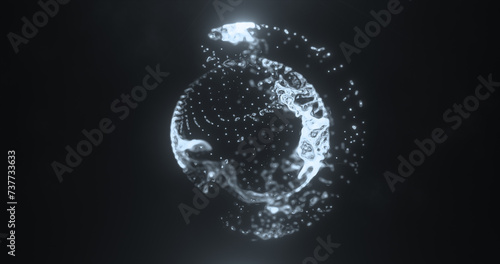 Abstract black and white glowing digital high-tech liquid futuristic energy plasma sphere with lines and particles on dark black background © Bolbik