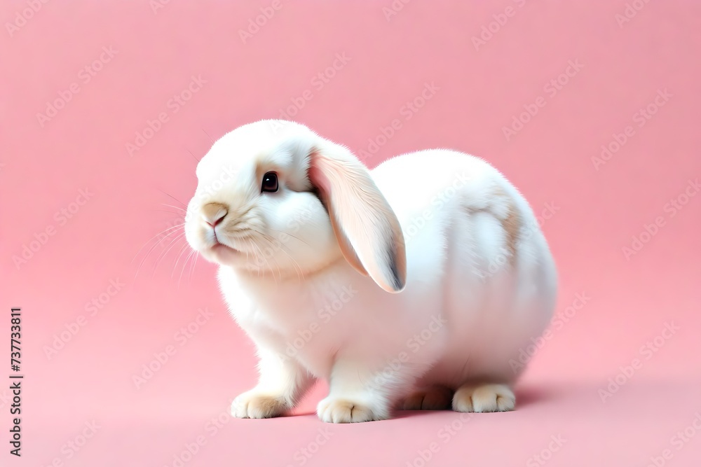 Front view of white cute baby rabbit standing on pink background