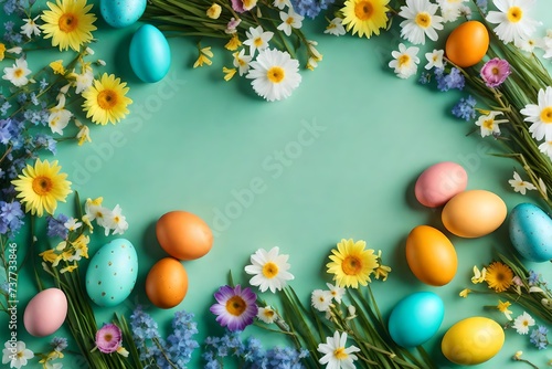 Spring Easter holiday background with eggs in nests and spring flowers