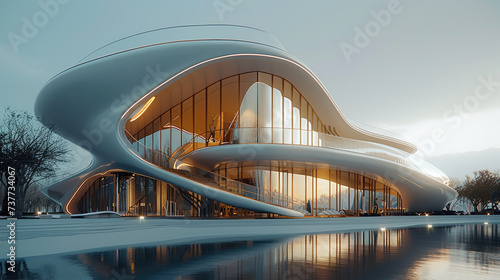 A highly architecture digest curvilinear, experience sales center, exterior shots of a contemporary building cantilever merged. Generative AI.