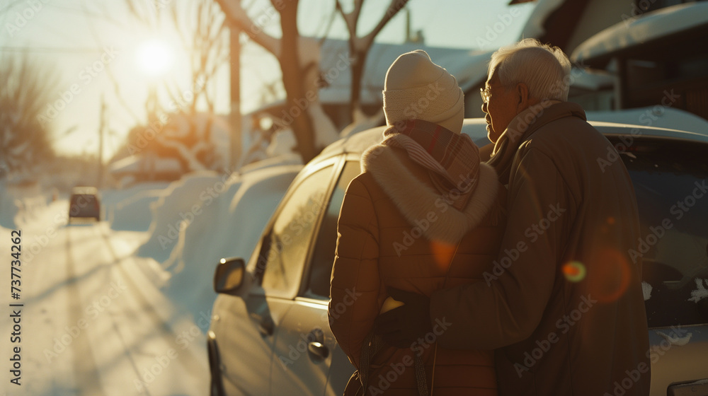Photo taken from behind, an elderly Japanese couple in a romantic mood taking a walk in winter.