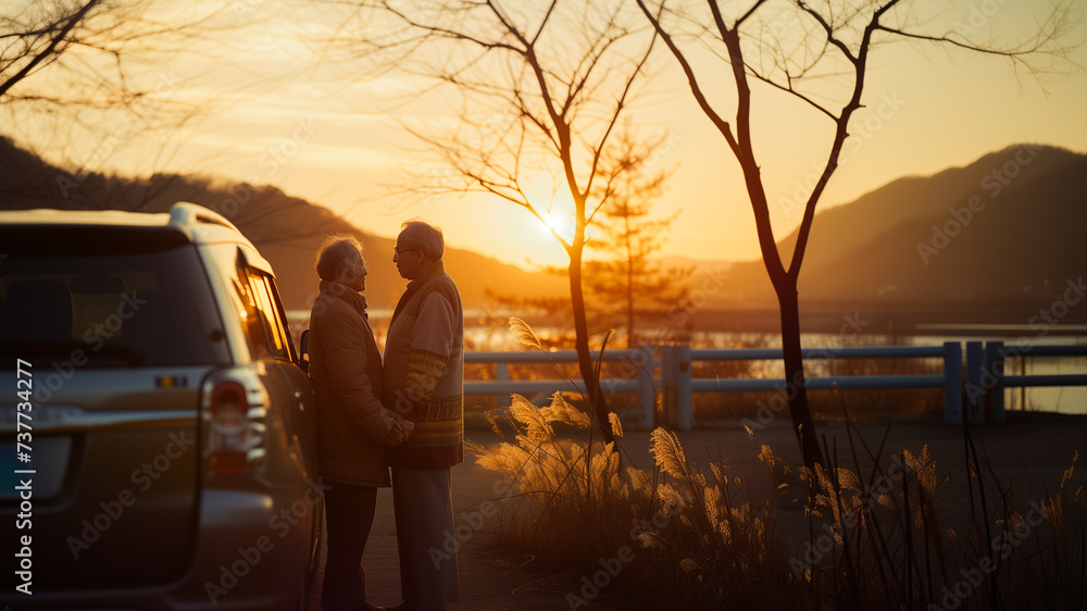Photo Side view of an elderly Japanese couple in a romantic mood near a lake and in soft sunlight. Photo Side view of an elderly Japanese couple in a romantic mood near a lake and in soft sunlight.