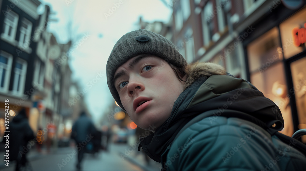 Street photography of a young man with Down syndrome wearing hip hop clothing, daily life concept. Street photography of a young man with Down syndrome wearing hip hop clothing, daily life concept.