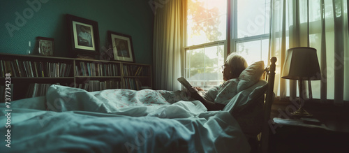 Photo of An elderly woman is resting after an illness. She is lying on the bed and reading a book at home.
