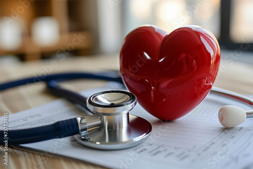 Cardiology and heart health closeup of a stethoscope on a heart model photo