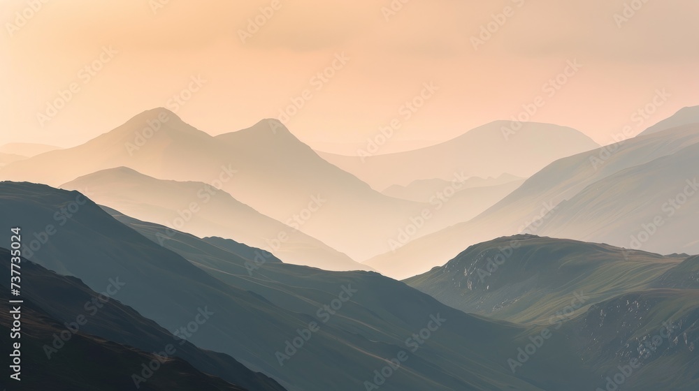 Tranquil dusk in the mountains, last light painting peaks in soft hues Tranquil dusk in the mountains, last light painting peaks in soft hues