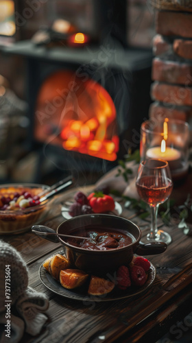 A cozy warm dessert setting closeup on a melting chocolate fondue inviting a delicious shared experience
