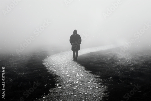 A lonely man walks along a country road in a dense fog