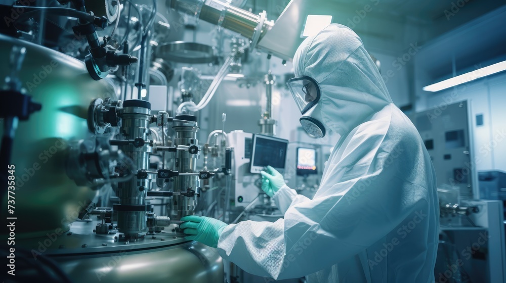 A man in protective clothing diligently works on equipment, ensuring safety and efficiency, Ai Generated. A man in protective clothing diligently works on equipment, ensuring safety and efficiency, Ai Generated.